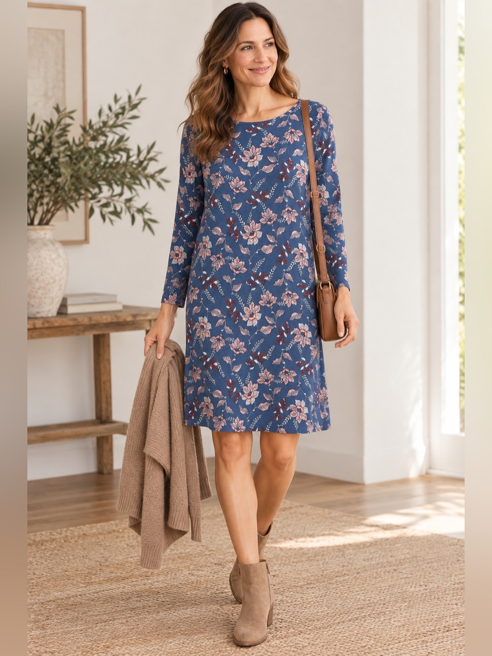 J.Jill Blue Floral Print Stretch Dress | Size M | Transitional Style